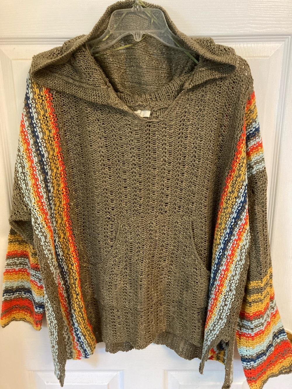 Easel LA Hooded Knit Sweater-Poncho with Multicolor Striped Sleeves
